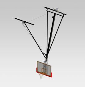 CEILING SUSPENDED CAMBERED FORWARD FOLD, FRONT-BRACED BACKSTOP